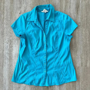 Womens Como Stretch Blue Short Sleeve Button Up Blouse - XL
